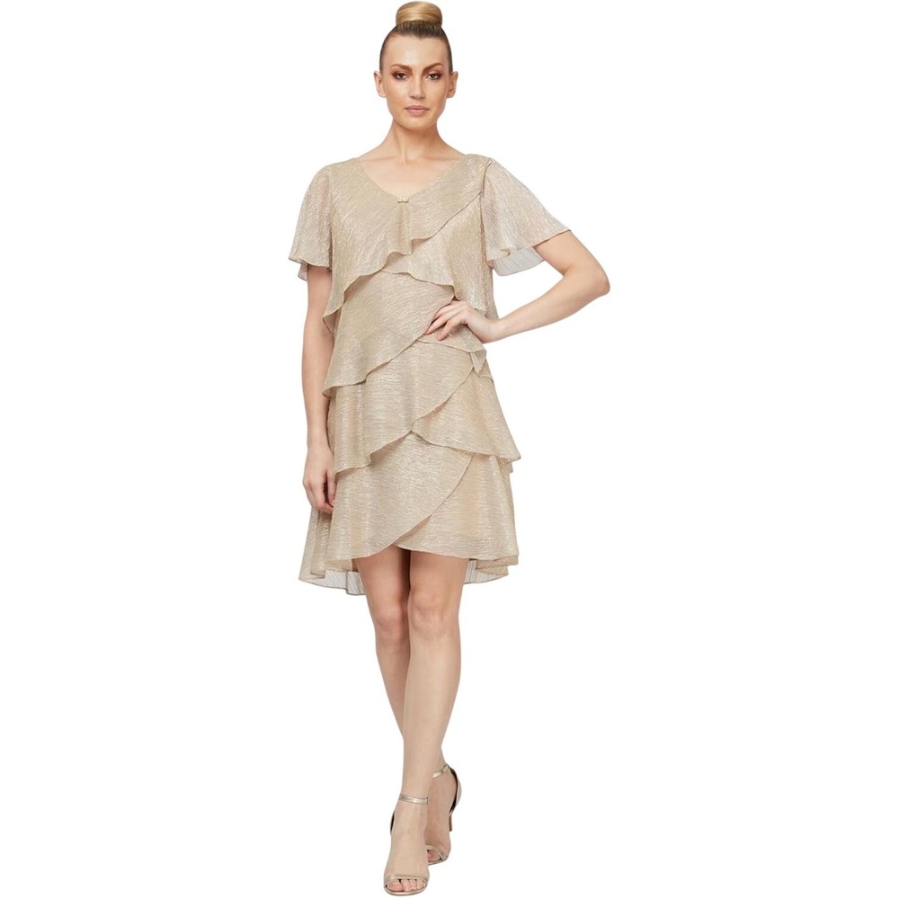 NWT SLNY Gold Shimmer Metallic Tiered Flutter Sleeve Cocktail Dress Sz 10 Formal